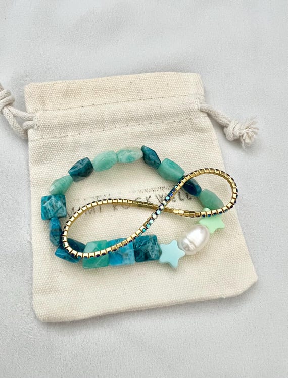 Apatite and Amazonite pearl star and blue stone rhinestone tennis bracelet set