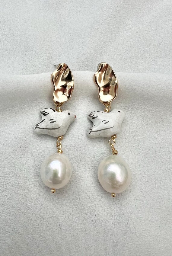 Hand painted dove Baroque Freshwater pearl gold stud earrings