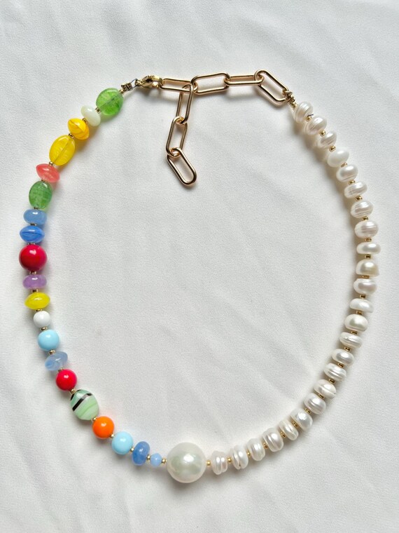 Baroque pearl necklace multicoloured glass gemstone bead gold chain necklace