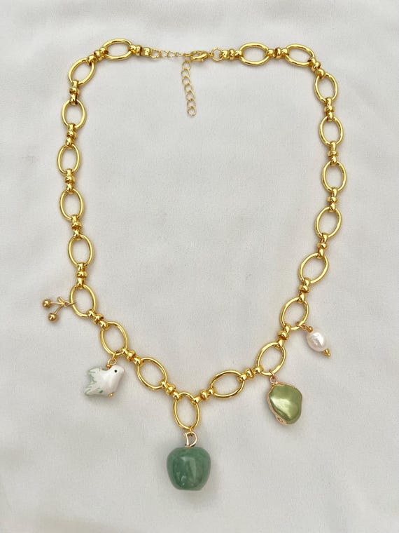Green Aventurine crystal apple pearl charm large gold chain necklace