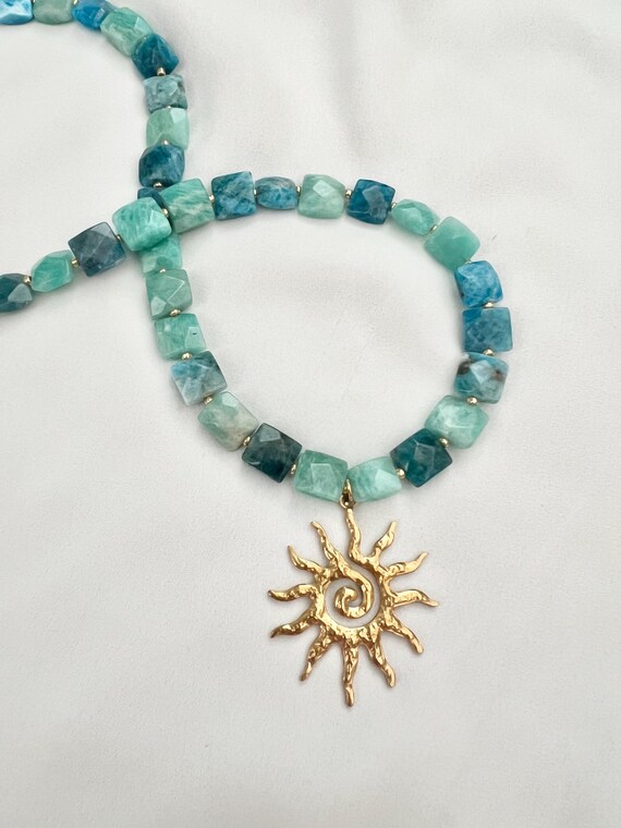 Helios sun pendant Apatite and Amazonite crystal beaded gold necklace