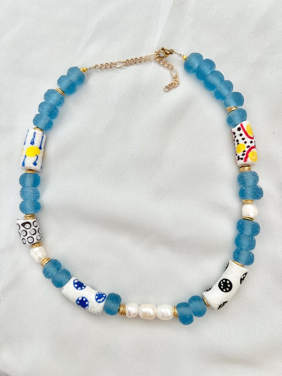 Recycled patterned tribal blue African glass bead Freshwater pearl gold necklace
