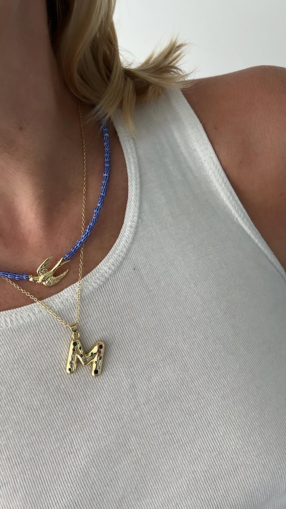 Swallow pendant blue white seed beaded gold necklace