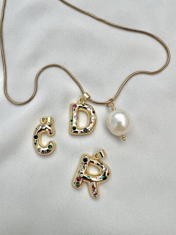 Custom gold zircon bubble letter Baroque pearl gold necklace