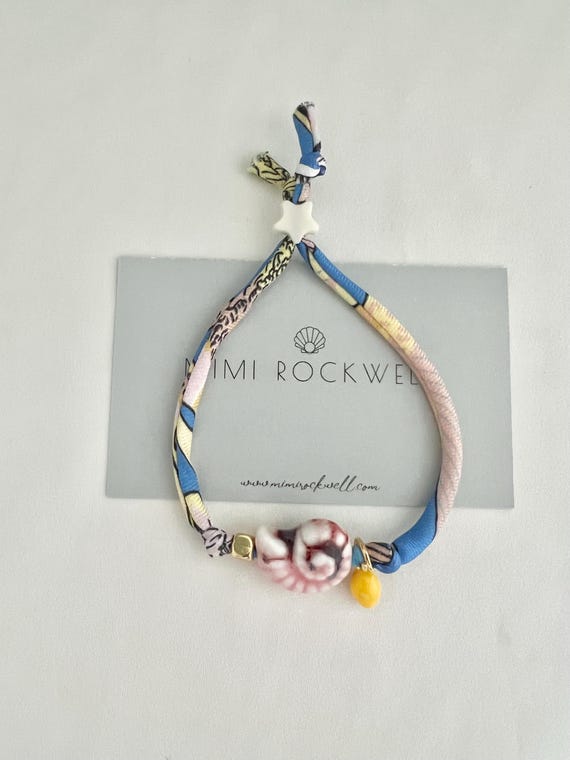 Lemon pink shell blue yellow recycled scarf string bracelet