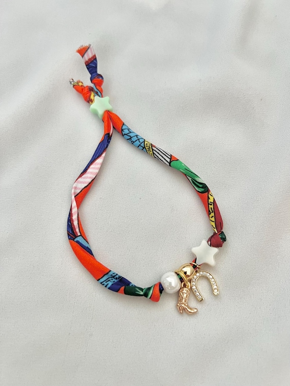 Cowgirl boot horseshoe recycled orange green scarf bead bracelet