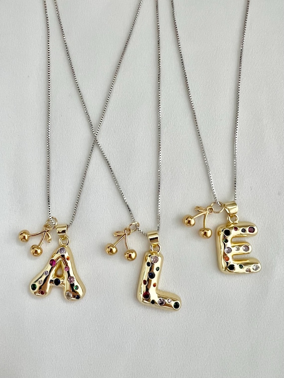 Multicolour zircon stone bubble letter cherry pendant silver chain necklace