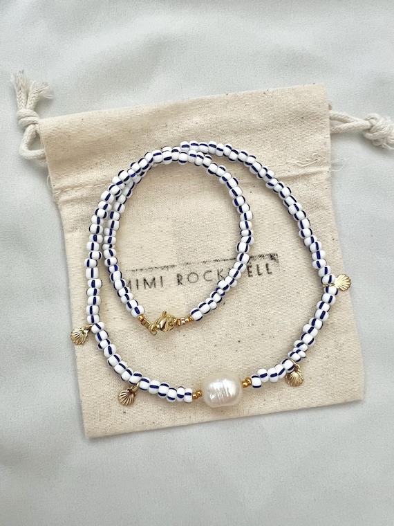 Baroque freshwater pearl golden mini shell blue white stripe beaded necklace