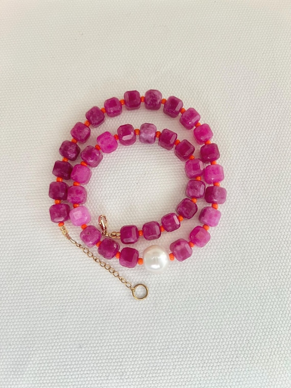 Rose pink red Tourmaline gemstone bead baroque pearl necklace