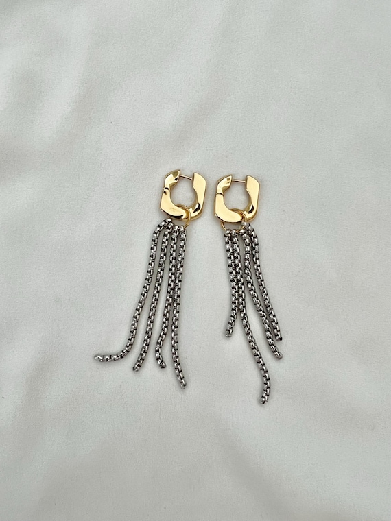 Long silver chain tassel gold hoop earrings