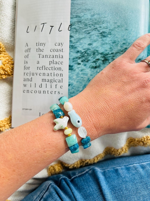Apatite and Amazonite ceramic white dove elastic beaded bracelet