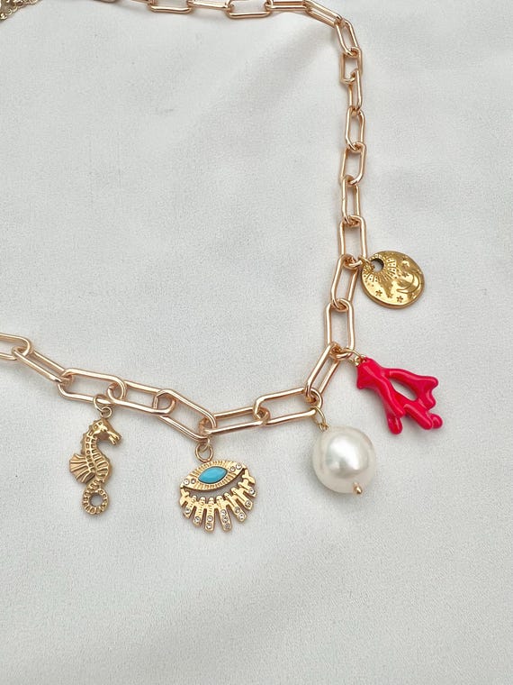 Multicharm pearl paperclip gold chain necklace