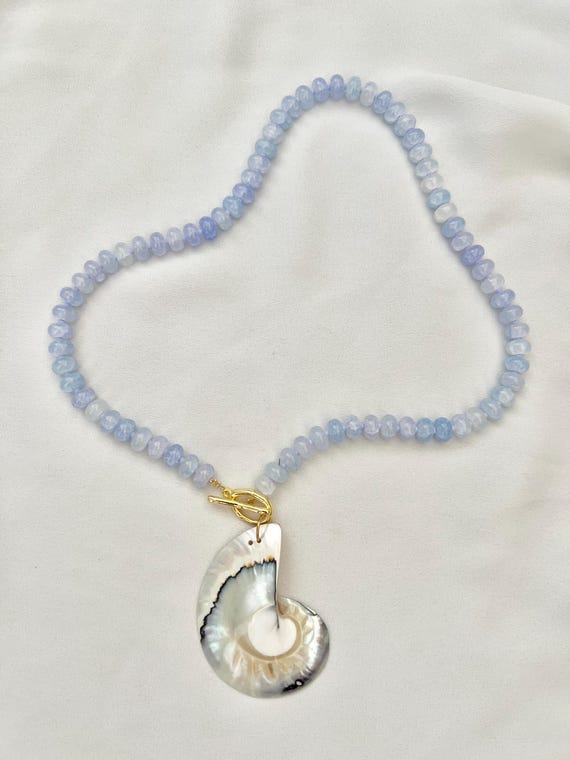 Unique Nautilus shell pendant lilac light blue glass bead necklace
