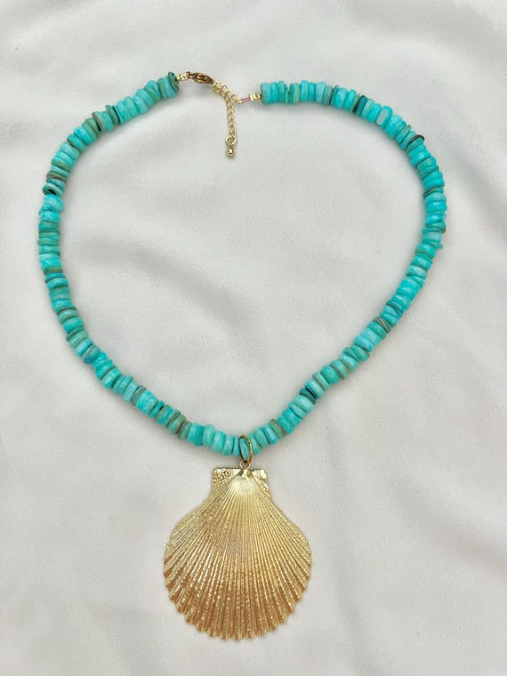 Gold plated scallop shell turquoise Freshwater shell bead necklace