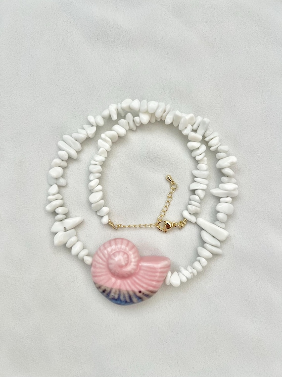 Ceramic pink shell white stone bead necklace