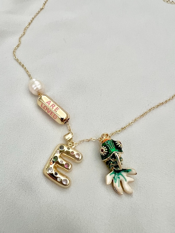 Green Cloisonné goldfish custom Cubic Zirconia bubble letter You are loved pendant pearl gold necklace