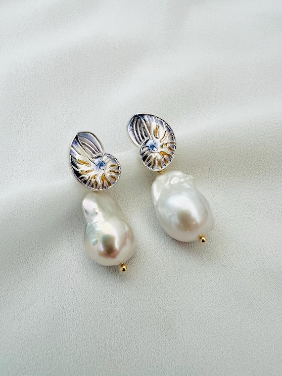 Baroque pearl nautilus shell sterling silver stud drop earrings