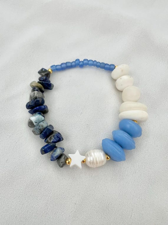 Lapis Lazuli crystal pearl blue glass star bracelet