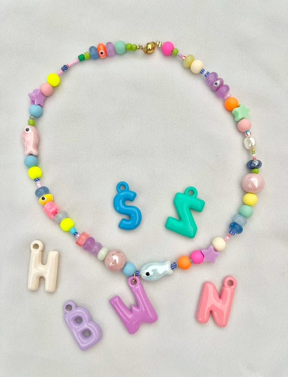 Kids custom balloon letter multicoloured bead necklace