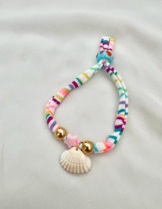 Recycled bikini string blue white shell green star gold string bracelet