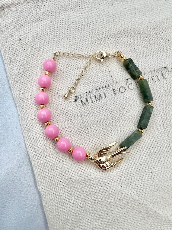 Gold plated Swallow green Jade pink bead bracelet