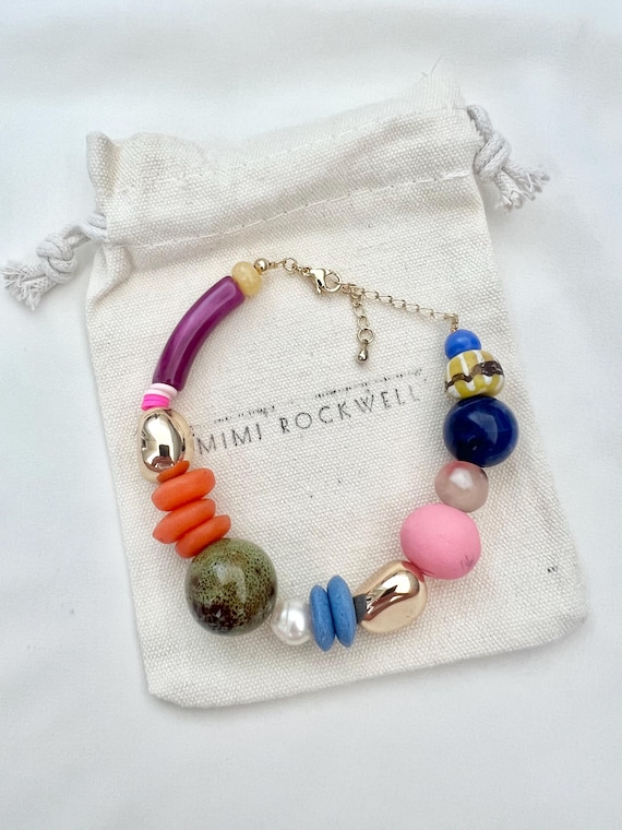 Chunky stone pearl glass ceramic acrylic bead mix gold bracelet