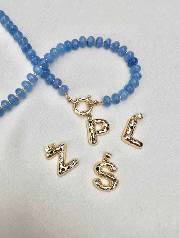 Custom gold Zircon letter Aquamarine rondelle crystal bead gold necklace