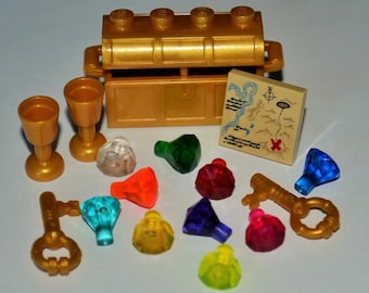 LEGO Pearl Gold Pirate Treasure Chest, 10 Jewels Crystals Gems Diamonds, 2 Goblets, 2 Keys, 1 Map