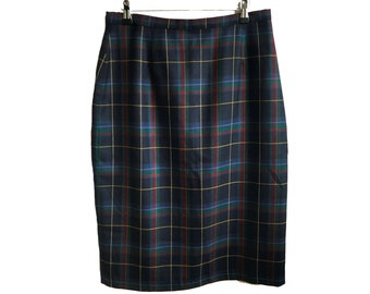 Equorian vintage pure wool pencil skirt 12/14 Blue green tartan check Scotland