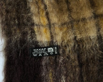 Haxap Brown Check Pure Mohair Wide Scarf Vintage Soft Fuzzy
