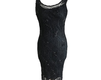 Black crochet sleeveless slip dress 12 Beaded Charlotte Halton 90s Y2K Bodycon