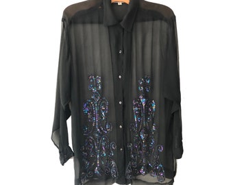 Vintage long black sheer blouse 12 Sequins & Beads Long sleeves Evening