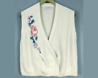 Vintage double breasted knit waistcoat 12/14 Sleeveless cardigan Cotton Hand embroidery