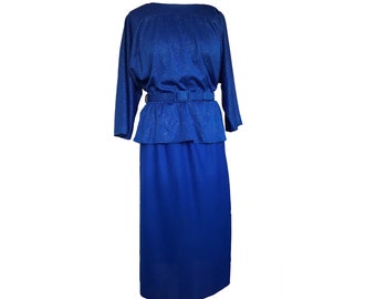 Vintage blue glittery peplum dress 12/14 Belt 1980s does 1940s WWII