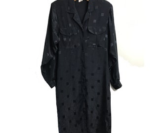 Vintage 1980s black satin Shirt dress 10/12 Button up Long sleeves Revere collar