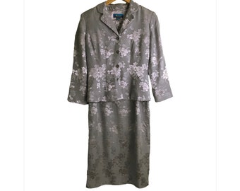Vintage Monsoon sidenblandning Kjolkostym 10/12 Figurnära kavaj Lång pennkjol Lila/Grå Brokad Bröllop