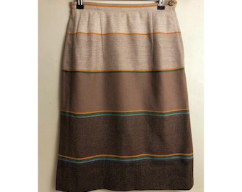 Gor-Ray vintage brown striped straight skirt 8/10 Kick pleat Wool rich 1970s Made in England