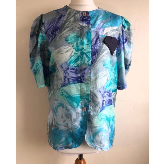 Vintage 1980s Pure silk blouse Small - Blue brushstrokes print - Short puff sleeves