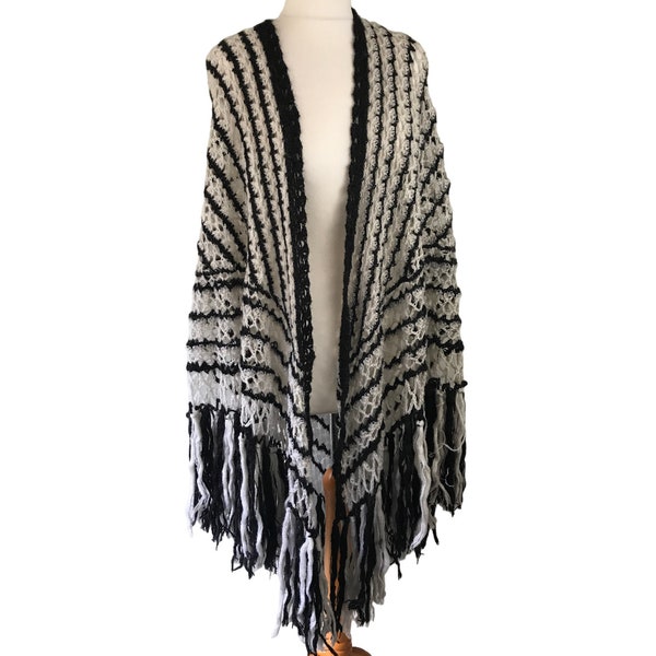 Long hand crochet Black stripe granny shawl Fringed edges Poncho Cloak Boho Hippie Festival Cape