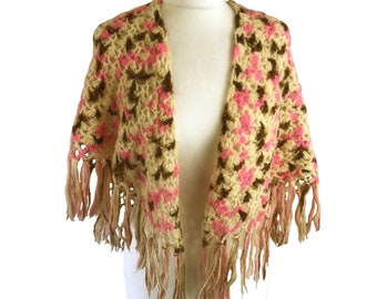 Hand crochet Pink & Beige granny shawl Fringed edges Poncho Cloak Cape Boho Hippie Festival