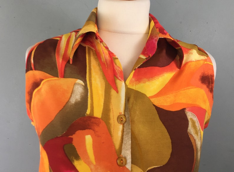 Vintage bright sleeveless tie waist blouse top 1012 Orange yellow