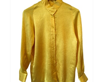 Vintage yellow satin high neck blouse top 10 M&S St Michael Long sleeves