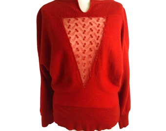 Vintage French Connection soft red mesh front jumper Small Open back Batwing