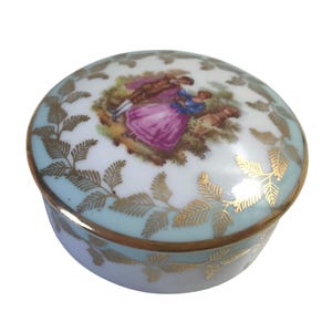 Limoges porseleinen klein sieradendoosje 18e-eeuws romantisch stel met gouden rand