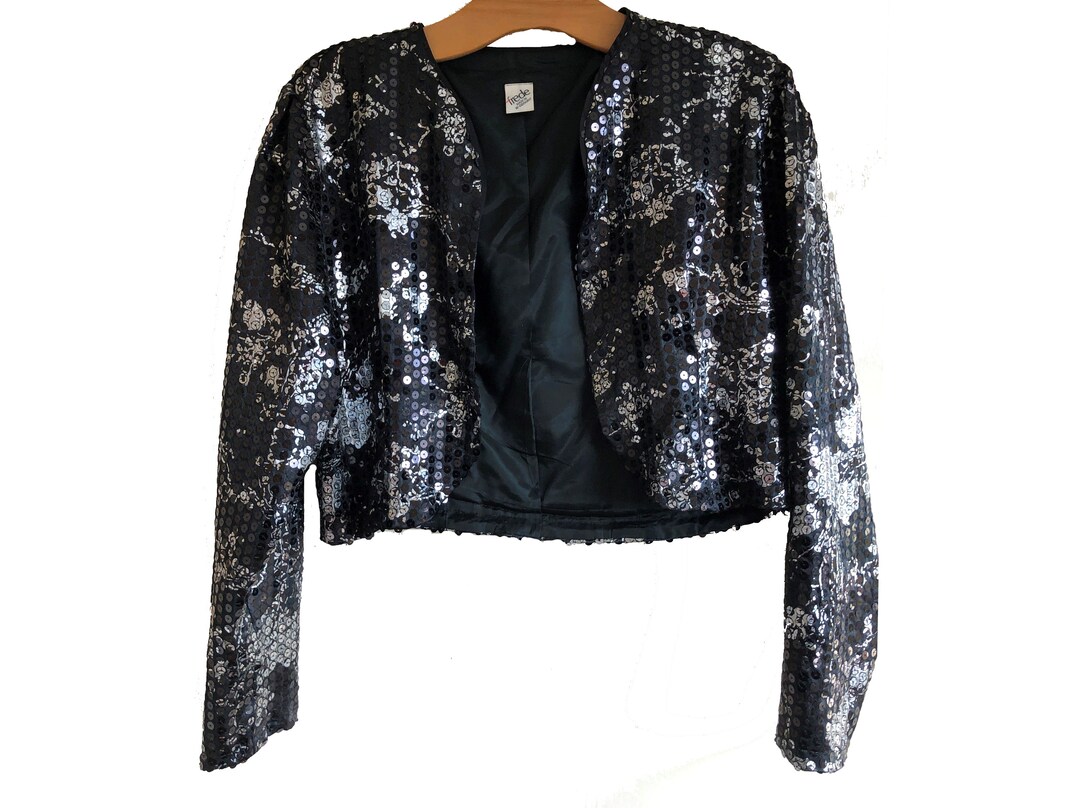 Black Silver Sequin Bolero Jacket 12/14 Long Sleeves Vintage West ...