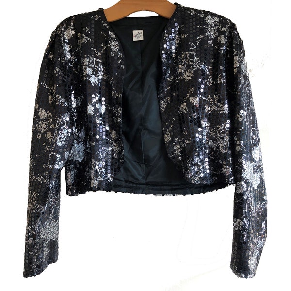 Black silver sequin bolero jacket 12/14 Long sleeves Vintage West Germany 1980s Evening Party