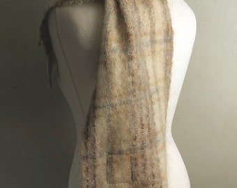 Soft cream long mohair scarf Cushendale Kilkenny Ireland Vinatge Check Plaid