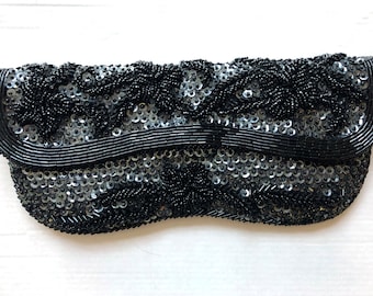 Small black beaded sequin clutch bag purse Vintage Hand Made in Hong Kong