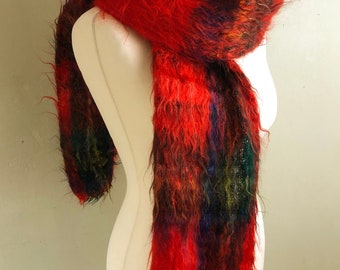 Long red tartan shaggy mohair fuzzy scarf Vintage Plaid