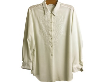 Vintage 1980s cream embroidered blouse top 16 St Michael Marks & Spencer Long sleeves Button up